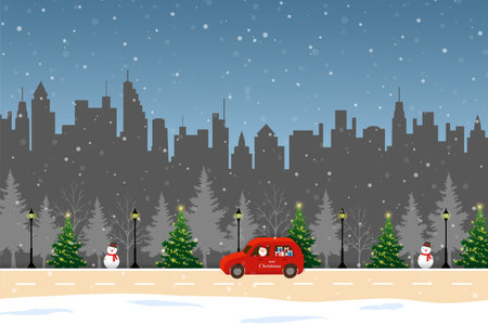 Merry Christmas and Happy new year greeting card,winter landscape with Santa Claus driving a red car and delivering gift boxes to the city,vector illustrationのイラスト素材