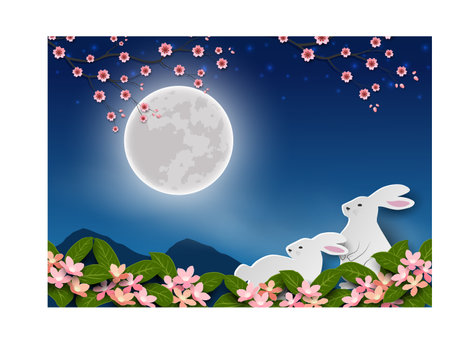 Mid Autumn or Moon Festival,celebrate theme with full moon on cherry blossom night,vector illustrationのイラスト素材