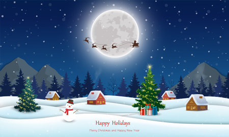 Winter landscape with Christmas night village and falling snow,vector illustrationのイラスト素材