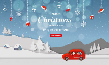 Merry Christmas and Happy new year sale background on winter landscape,vector illustrationのイラスト素材