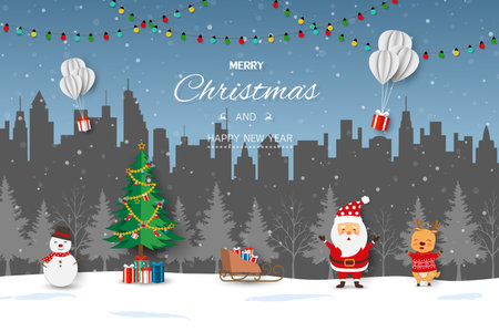 Merry Christmas and Happy new year,Background for happy holiday with Santa Claus celebrate party on winter night,vector illustrationのイラスト素材
