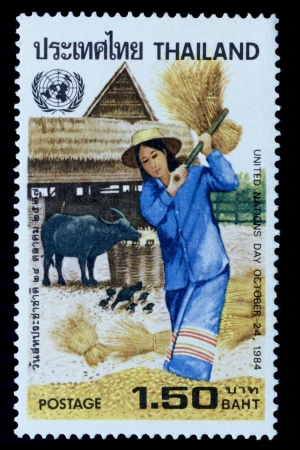 Thailand - Stamp  MNH  of the United Nations Day October 24, 1987, Show the painting of the Thai woman farmer のeditorial素材