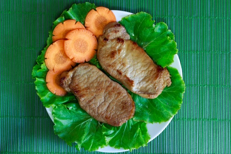 Honey Glazed Fried Pork on White Dish and Green Plate Matの写真素材