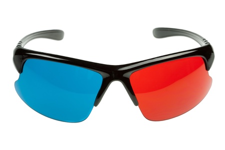 Stylish plastic 3d glasses red and cyan isolated on white