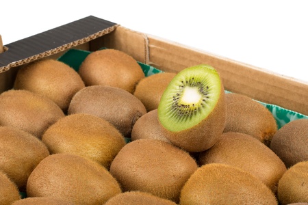 Kiwi Slice In Kiwi Fruit Box isolated on whiteの写真素材