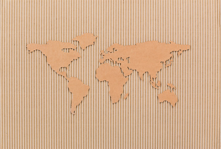 World map made of corrugated fiberboard  World wide shipping conceptの写真素材