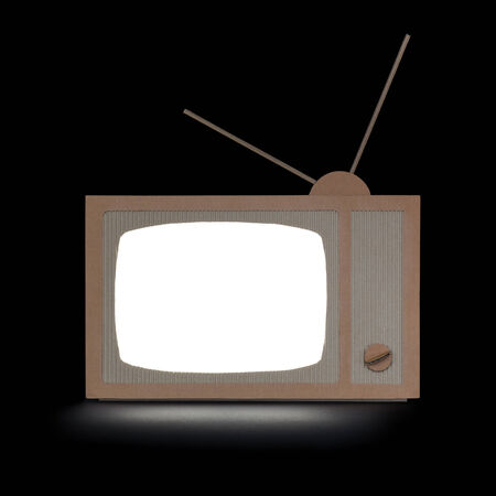 TV made of cardboard, with white isolated screen  Dark scene, square format, isolated on black の写真素材