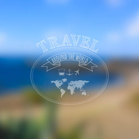 Travel label on blurred sea beach background  Travel The World concept for summer time vacation greeting cards, invitations etc  のイラスト素材