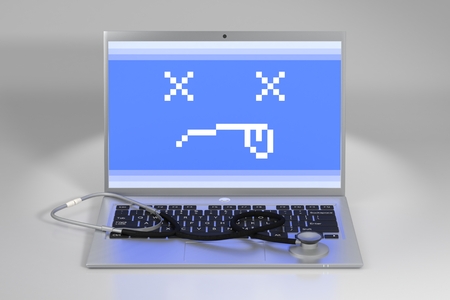 Stethoscope on a laptop keyboard. Computer repair and anti virus protection concept. Office notebook...