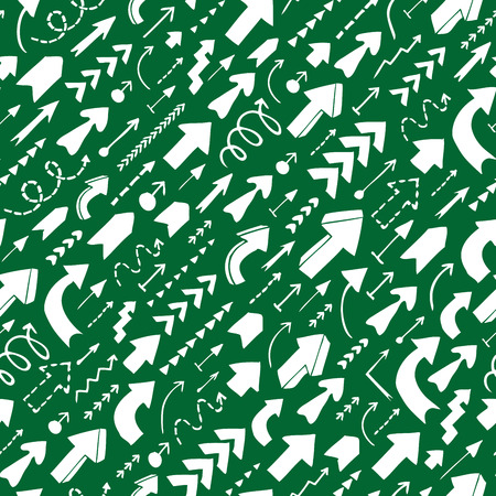 Seamless background of doodle arrows on green background. Diagonal direction of movement.のイラスト素材