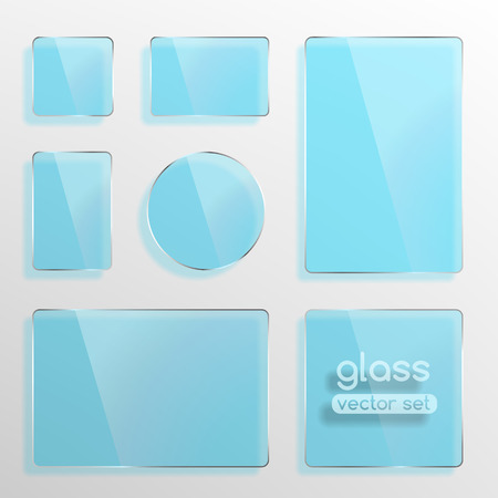 Glass plates set, square, rectangle and round in blue color. Photo realistic vector illustrationのイラスト素材