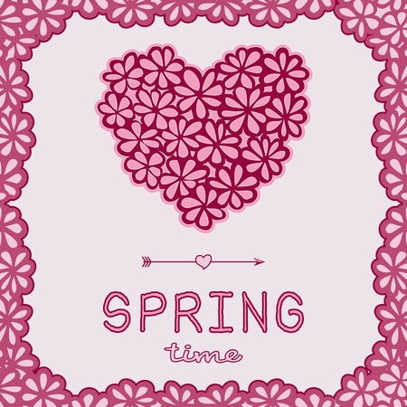 Spring time doodle card. Pink floral heart and arrow with frame. Design element for Valentine\'s Day, wedding, baby shower, birthday card etc. Vector illustration.のイラスト素材