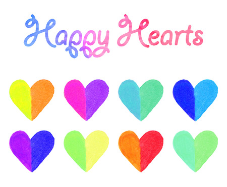 Watercolor hearts. Cute colorful heart shaped graphic design elements for valentines day, birthday cards, baby shower, wedding invitations, scrapbooking etc. Isolated on white. Vector illustration.のイラスト素材