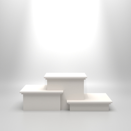 Empty white illuminated podium. Blank template illustartion with space for an object, person, logo, text. Ranking, championship, contest or ceremony concept. Achievement in sport, business, education.の写真素材