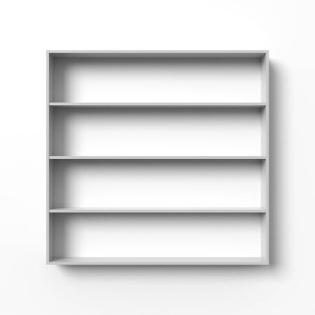 White shelves hanging on a wall with light and shadows. Blank template. Empty bookshelf, open display, retail store mock up.の写真素材