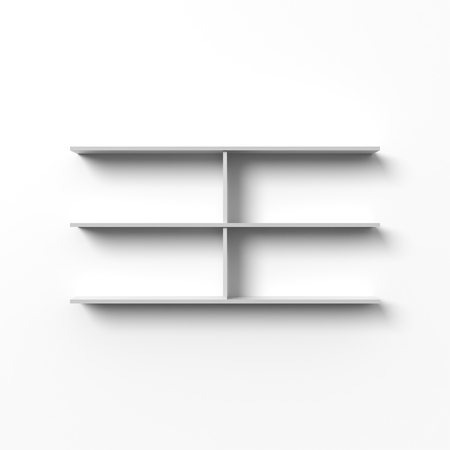 White shelves hanging on a wall with light and shadows. Blank template. Empty bookshelf, open display, retail store mock up.の写真素材