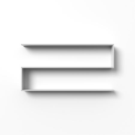 White shelves hanging on a wall with light and shadows. Blank template. Empty bookshelf, open display, retail store mock up.の写真素材