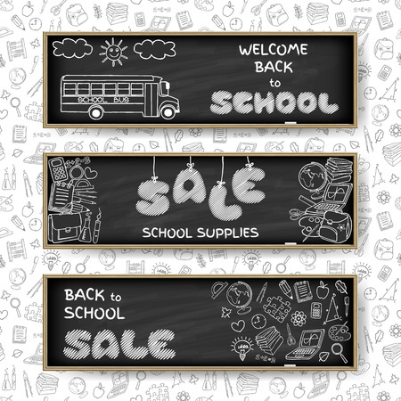 Doodle Back to School sale banners set on black chalk board background. Hand drawn education symbols on notebook paper. School supplies sale concept. Invitation template.  Vector illustration.のイラスト素材