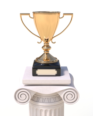 Golden trophy cup on an antique column in greek style isolated on white background. Victory, best product, service or employee, first place concept. Achievement in sports.の写真素材