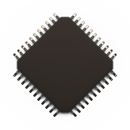 Microchip unit isolated on white, top view. Computer chipset circuit. Computer hardware parts concept. Technology, electronic industry, research and development, future gadgets concept.の写真素材