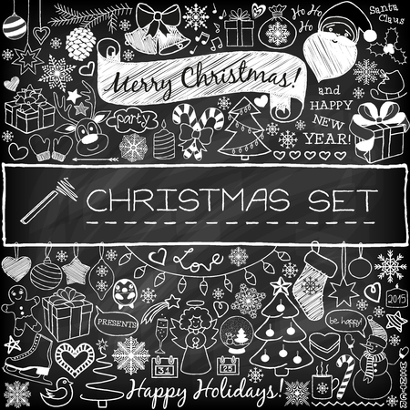 Doodle Christmas season icons and vintage graphic elements. Chalkboard effect. Santa Claus, reindeer, snow man, cute Christmas decorations. Scrapbooking, infographics.のイラスト素材