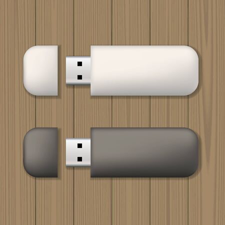 Two usb memory sticks on wooden background. Blank template. Business identity mock up. Vector illustration.のイラスト素材