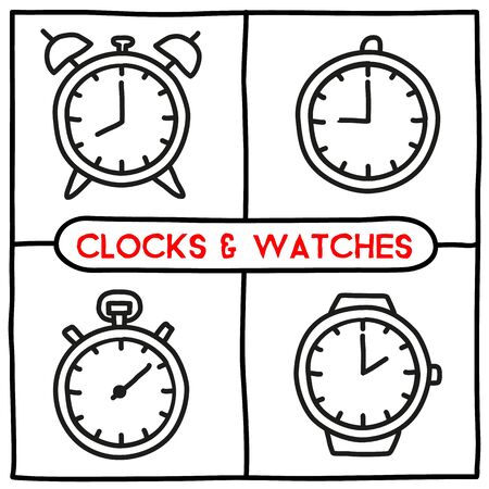 Doodle clocks and watches icons set. Hand drawn infographic symbol. Alarm and wall clocks, wrist watch and stopwatch. Line art style graphic design elements.のイラスト素材