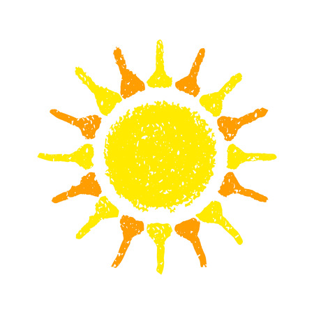 Hand Drawn Sun. Painted with oil pastel crayons. Decorative graphic element for children books, scrapbooking, birthday card, summer party poster, vacation destination flyer. Vector illustration.のイラスト素材