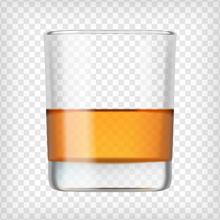 Glass of scotch whiskey. Shot of alcohol. Short glass with beverage. Transparent  photo realistic vector illustration.のイラスト素材