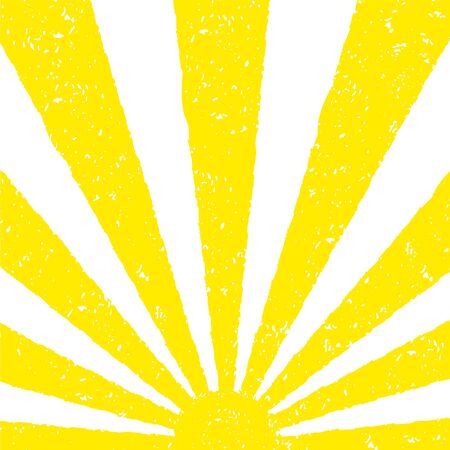 Yellow Sun background. Hand painted with oil pastel crayons. Bright fun card, invitation template. Yellow and orange sun and red text. Abstract graphic design on white background. Vector illustrationのイラスト素材
