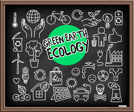 Green Earth Ecology doodle set. Hand drawn graphic elements on chalkboard. Hands holding planet Earth, energy saving light bulb, solar panel, factory air pollution, recycle bio and eco symbols. Vector illustration.のイラスト素材
