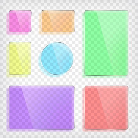Glass plates set. Square shape, rectangle and round. Colorful glass mock up. Transparent elements. Plastic banners with reflection and shadow. Photo realistic vector illustrationの写真素材