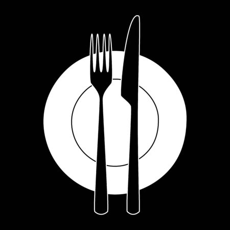 Fork and knife on a plate. Minimalistic icon. Symbol of cutlery. Vector illustrationのイラスト素材