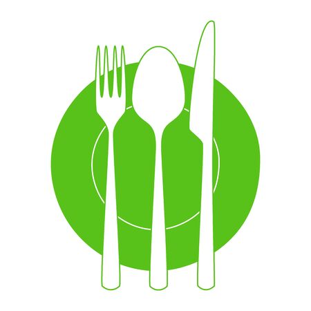 Fork, knife and spoon on a plate. Minimalistic icon. Symbol of cutlery. Vector illustrationのイラスト素材