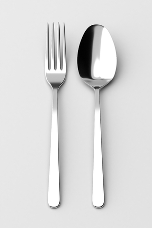 Fork and spoon. Photo realistic 3D illustration. Cutlery, kitchen silverware. For use in menu, restaurant printables, web site.の写真素材