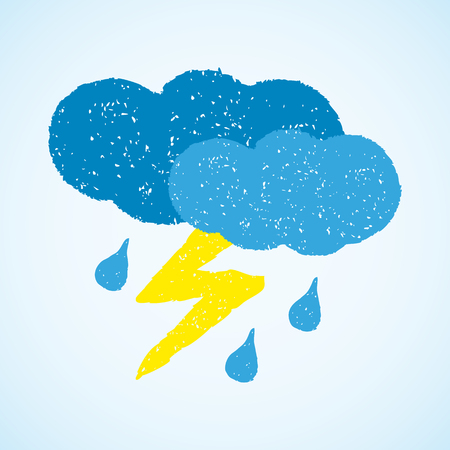 Dark clouds, rain and lightning. painted with oil pastel crayons. Weather forecast, autumn, climate, meteorology concept. Graphic design element for poster, greeting card, scrapbooking, children bookのイラスト素材