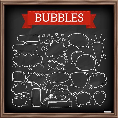 Hand drawn speech bubbles with hearts and clouds, chalkboard effect. Doodle graphic design elements.のイラスト素材