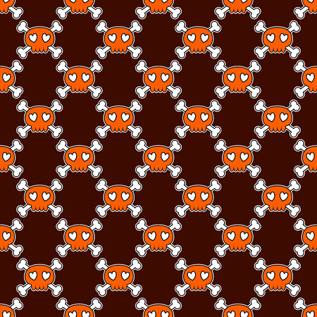 Seamless Halloween pattern. Wallpaper with orange skulls on brown background. Tileable backdrop with Halloween symbols. Vector illustration.のイラスト素材