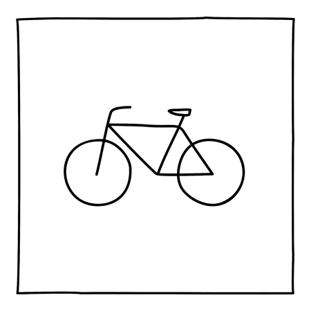 Doodle bicycle icon. Black and white symbol with frame. Line art style graphic design element. Web button. Isolated on white background. Sport, fitness, bicycle tour, transportation concept.のイラスト素材