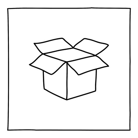 Doodle open box icon. Black and white symbol with frame. Line art style graphic design element. Web...