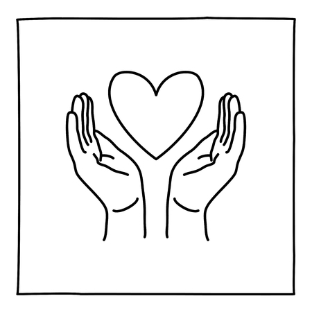 Doodle Hands Holding Heart icon. Black and white symbol with frame. Line art style graphic design element. Web button. Isolated on white background. Love, care, heart disease concept.のイラスト素材