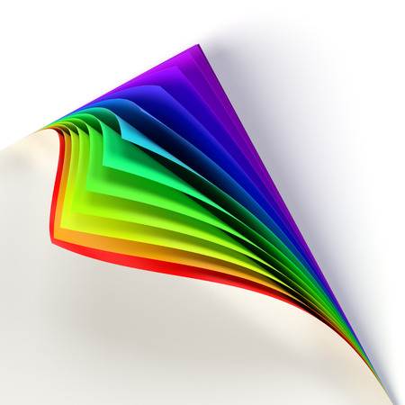 Blank document rainbow colored curled corner. Graphic design element. Empty template mock up. Business corporate identity, advertisement, poster with turning corner, colors and shadow. 3D illustrationの写真素材