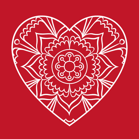 Doodle heart Valentine's Day card. Outline floral design element in a heart shape. Coloring book pattern. Decorative round flower. Love, wedding, engagement concept. Vector illustration.の写真素材