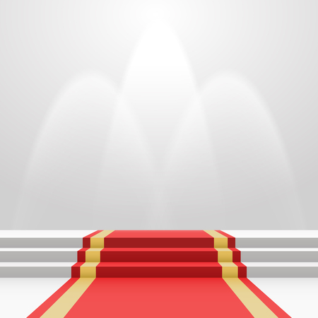 Red carpet on stairs. Empty white illuminated podium. Blank template illustration with space for an object, person, logo, text. Presentation, gala, ceremony, awards concept.のイラスト素材