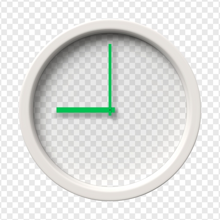 Realistic wall clock. Nine o'clock am or pm. Transparent face. Green hands. Ready to apply. Graphic element for documents, templates, posters, flyers. Vector illustration.のイラスト素材