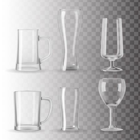 Set of photorealistic transparent beer glasses, juice and water glass, mug, goblet. Graphic design element for glassware ad, kitchen poster, restaurant menu, flyer. Transparent vector illustration.のイラスト素材