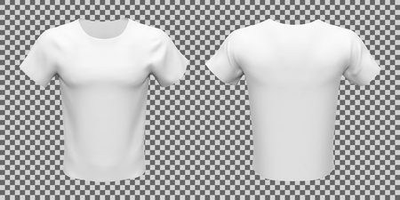 Blank mockup set of white basic unisex t-shirt, front and backview, on checkered background. Vector illustrationのイラスト素材