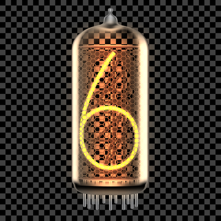Nixie tube indicator lamp with number 6 lit up, as retro-styled digitron. Transparent vector illustration.のイラスト素材