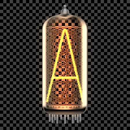 Nixie tube indicator lamp with letter A lit up, as retro-styled digitron alphabet. Transparent vector illustration.のイラスト素材