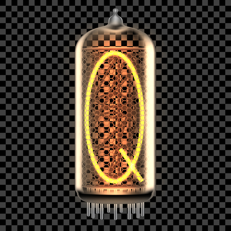 Nixie tube indicator lamp with letter Q lit up, as retro-styled digitron alphabet. Transparent vector illustration.のイラスト素材